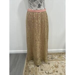 Soft Surroundings Gold Sequin Embroidered Maxi Skirt W/Pink Lining Boho Luxe M/L